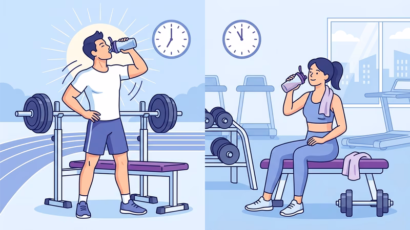 Ilustração mostrando dois cenários: uma pessoa tomando whey protein antes do treino (com energia e disposição) e outra t