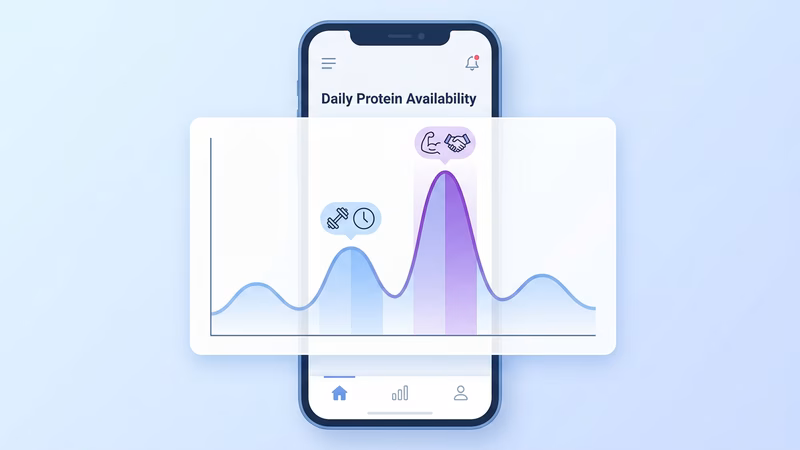 Ilustração de um gráfico visualizando a curva de absorção de proteína ao longo do dia, com destaques no pré e pós-treino