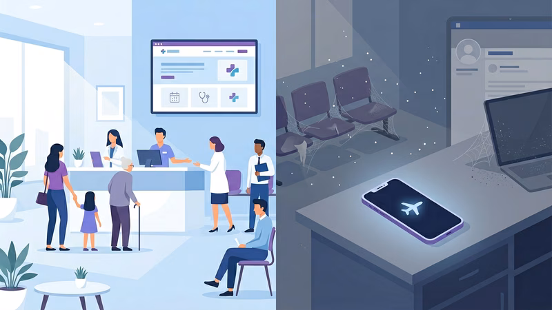 Ilustração de dois consultórios: um com fila de pacientes e site atualizado, outro vazio com redes sociais paradas e cel