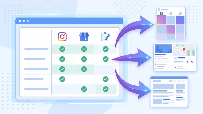 Quadro branco com checklist de postagens semanais para clínicas, marcando temas, formatos e canais (Instagram, Google Me